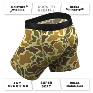 Rear view of duck camo boxer briefs with comfort, support, and softness callouts
