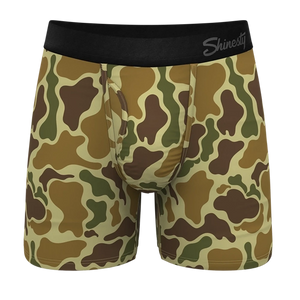 Men's duck camo boxer briefs with Ball Hammock® pouch front view