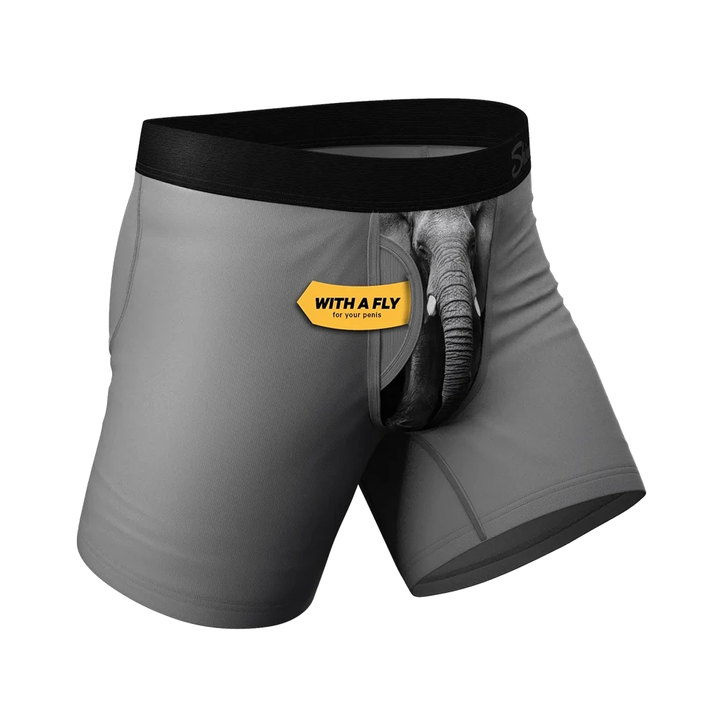 Side angle of gray Ball Hammock® men’s underwear with elephant print and fly tag – The Simple Man
