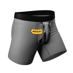 Side angle of gray Ball Hammock® men’s underwear with elephant print and fly tag – The Simple Man
