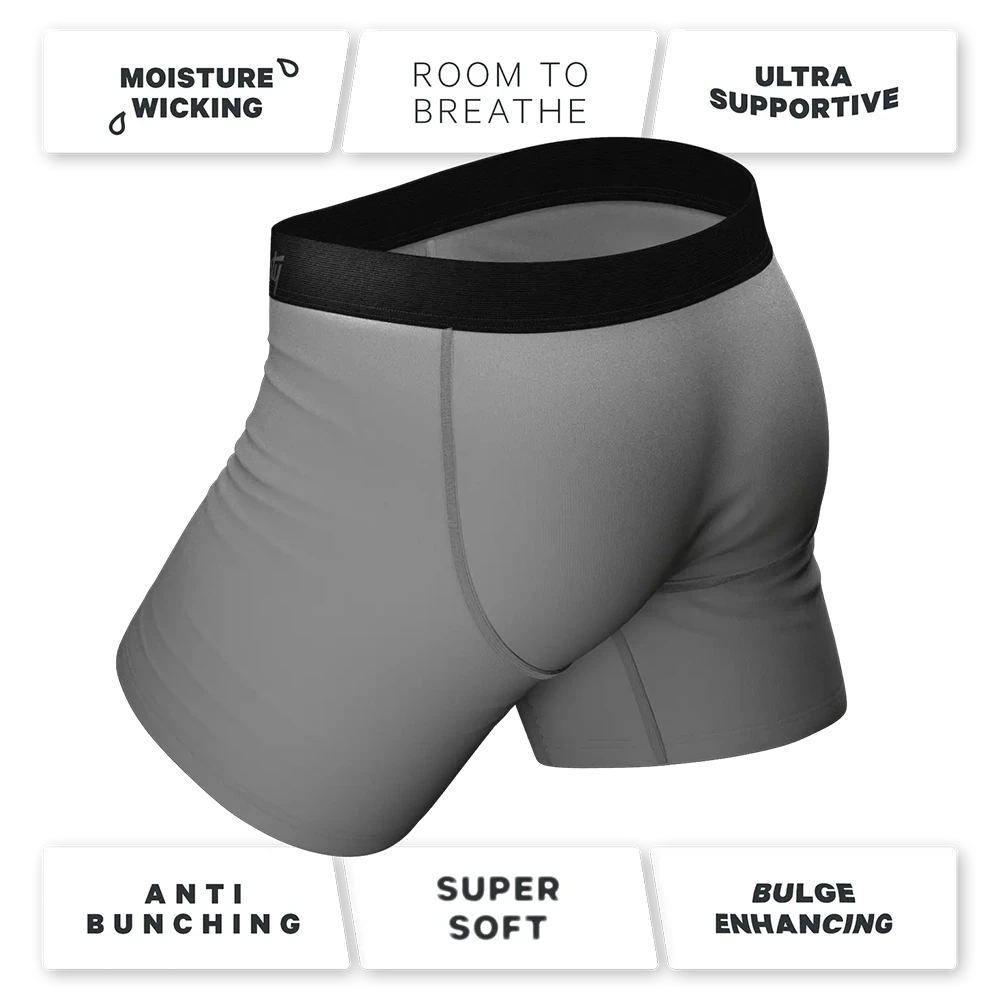Back view of gray Ball Hammock® boxer briefs with anti-bunching, moisture-wicking, and bulge enhancing features – The Simple Man