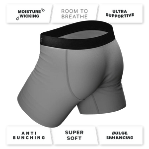 Back view of gray Ball Hammock® boxer briefs with anti-bunching, moisture-wicking, and bulge enhancing features – The Simple Man