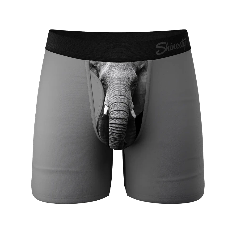 Front view of men’s elephant print Ball Hammock® underwear in gray with fly pouch – The Simple Man