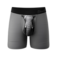 Front view of men’s elephant print Ball Hammock® underwear in gray with fly pouch – The Simple Man