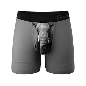 Front view of men’s elephant print Ball Hammock® underwear in gray with fly pouch – The Simple Man