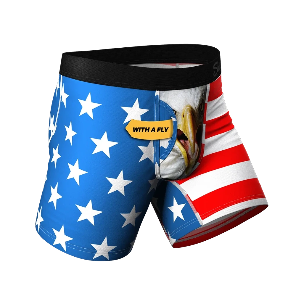 Side view of patriotic men's boxer briefs with fly access – USA flag design and comfort pouch