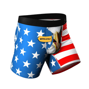 Side view of patriotic men's boxer briefs with fly access – USA flag design and comfort pouch