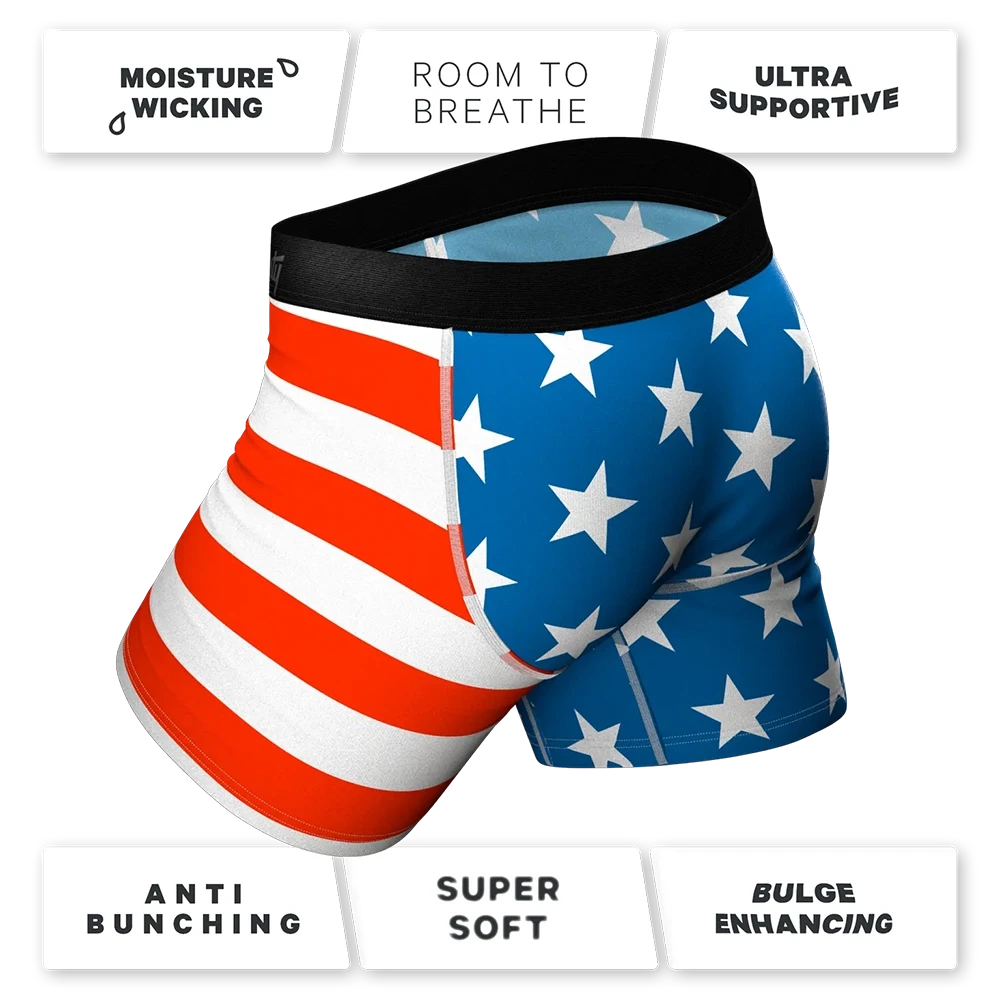 Back view of men's American flag underwear – anti-bunching, moisture wicking, supportive MicroModal boxers