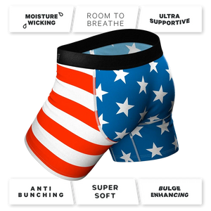 Back view of men's American flag underwear – anti-bunching, moisture wicking, supportive MicroModal boxers