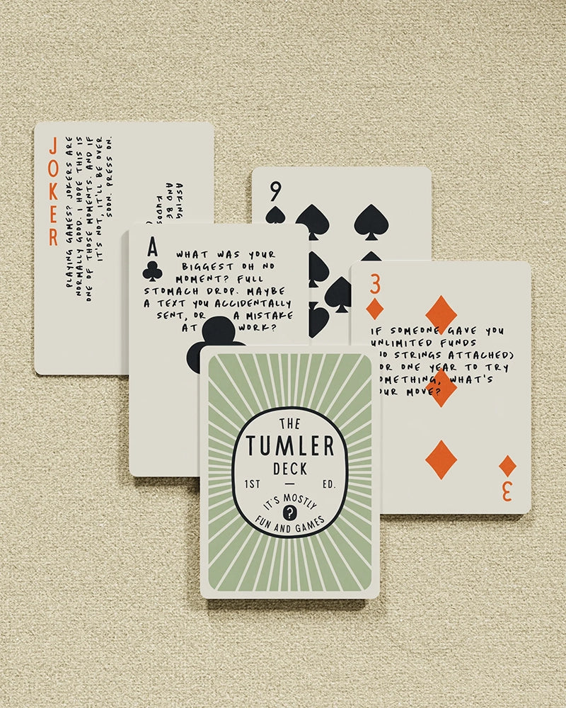 Tumler Deck playing cards showing conversation questions and card faces