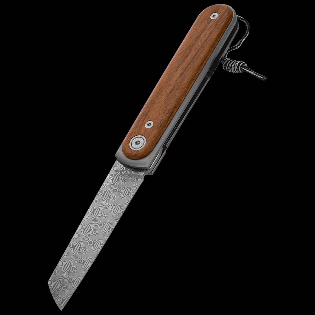 Duval front flipper knife with rosewood scale and Damasteel blade, open on a black background