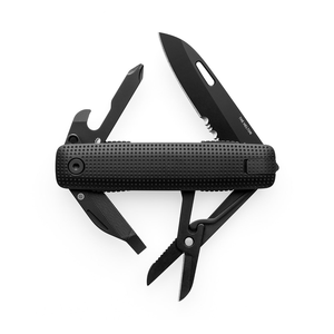 Helton in Black + Black with blade, scissors, drivers and bottle opener fanned open