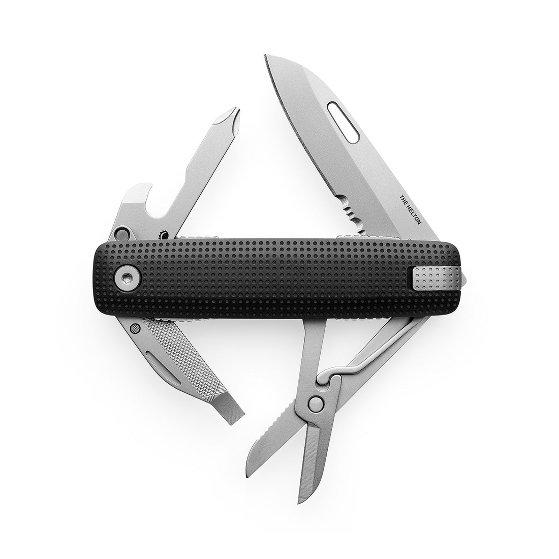 Helton in Black + Stainless with blade, scissors, drivers and bottle opener fanned open