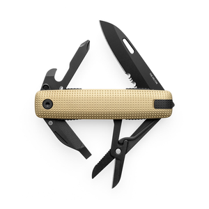 Helton in Buttermilk + Black with blade, scissors, drivers and bottle opener fanned open