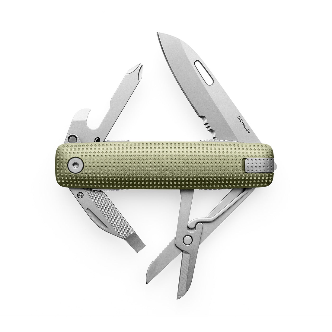 Helton in Grove + Stainless with blade, scissors, drivers and bottle opener fanned open