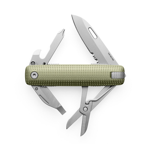 Helton in Grove + Stainless with blade, scissors, drivers and bottle opener fanned open