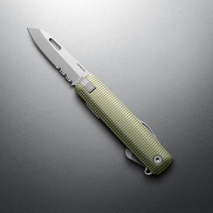 Grove + Stainless Helton with partially serrated blade open, angled view