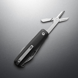Black + Stainless Helton with spring-action scissors open, angled view