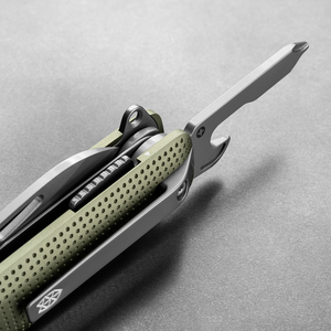 Helton in Grove + Stainless with Phillips driver and bottle opener open, detail view