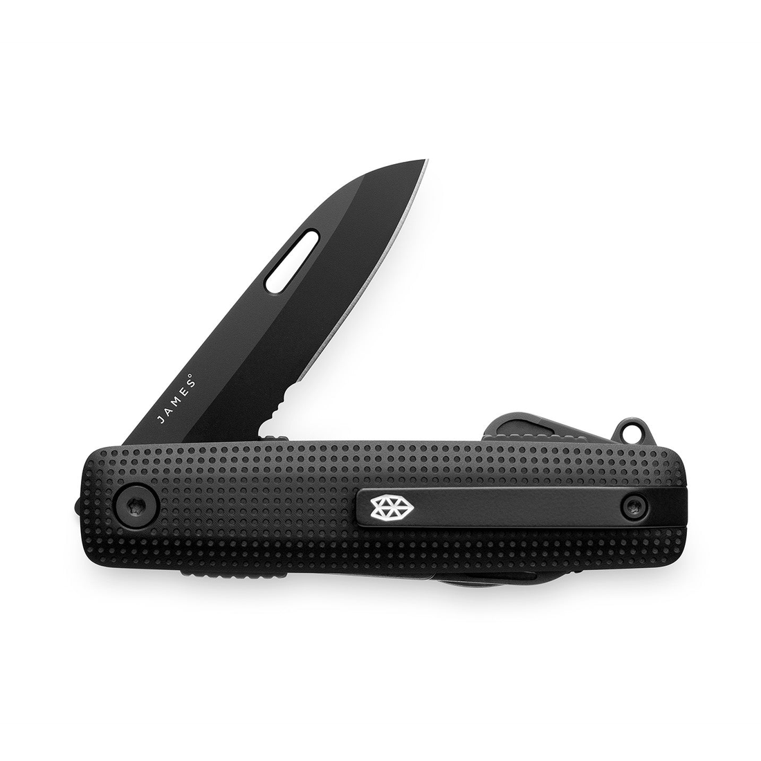 Helton pocket multitool in all black, blade open, front view