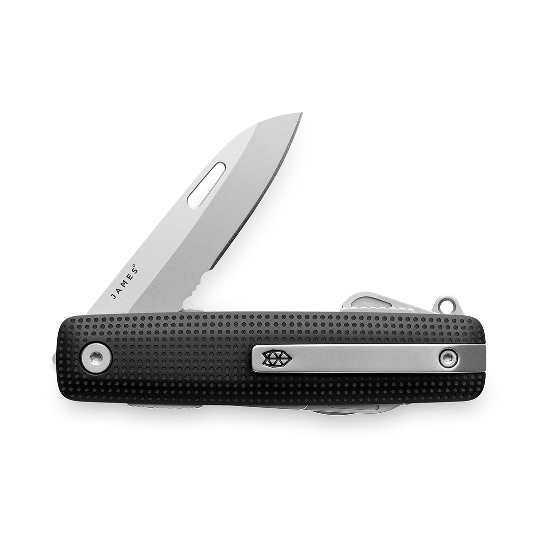 Helton pocket multitool with black handle and stainless blade, blade open, front view