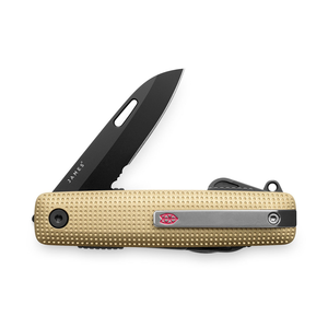 Helton pocket multitool with buttermilk handle and black blade, blade open, front view