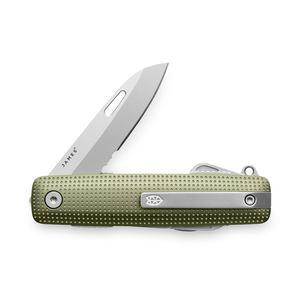 Helton pocket multitool with olive green handle and stainless blade, blade open, front view