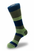 Men’s thick block stripe socks in green and blue from The Simple Man, shown in a mid-calf length."