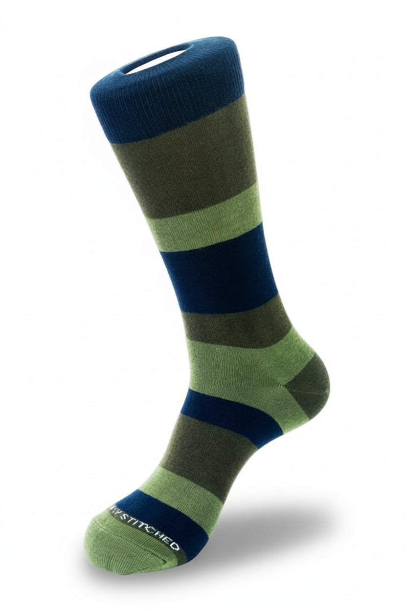 Men’s thick block stripe socks in green and blue from The Simple Man, shown in a mid-calf length."