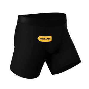 Side view of black Ball Hammock® pouch underwear highlighting moisture wicking, ultra support, super soft fabric, and anti-bunching fit