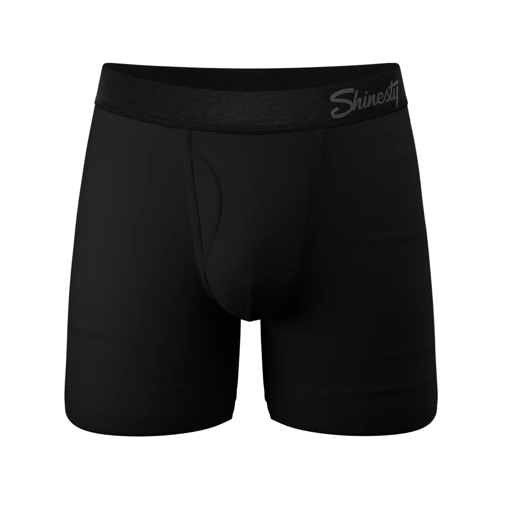 Front view of black Ball Hammock® underwear with fly and logo waistband, made with soft MicroModal fabric
