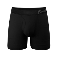 Front view of black Ball Hammock® underwear with fly and logo waistband, made with soft MicroModal fabric