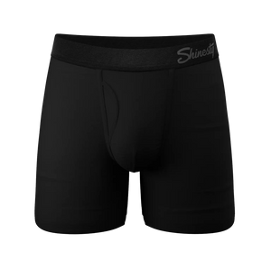 Front view of black Ball Hammock® underwear with fly and logo waistband, made with soft MicroModal fabric