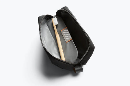 Bellroy Toiletry Kit in black, opened view..toothbrush detail