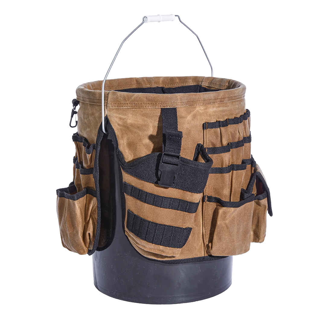 Readywares Waxed Canvas Tool Bucket Organizer, side view showing tool holster pockets