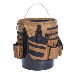 Readywares Waxed Canvas Tool Bucket Organizer, side view showing tool holster pockets