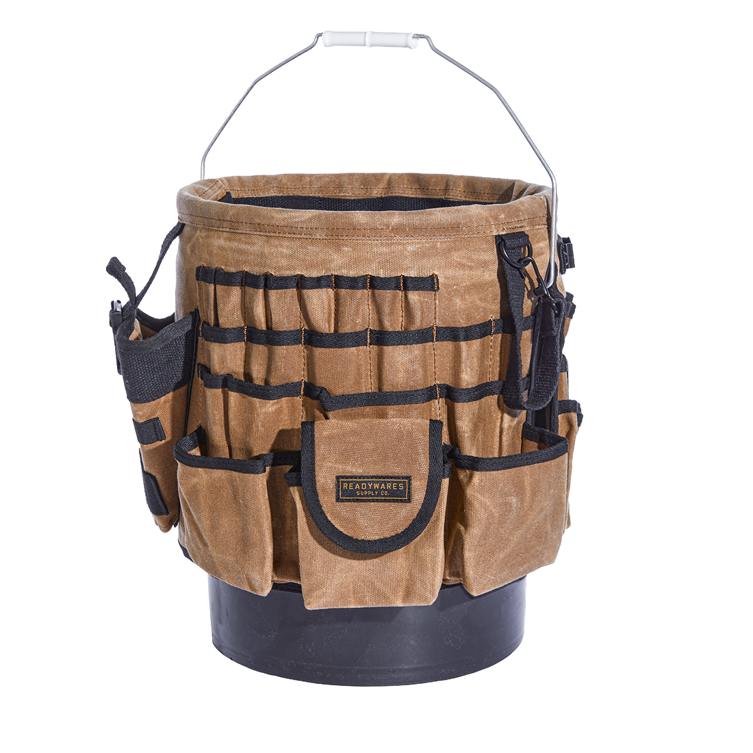 Readywares Waxed Canvas Tool Bucket Organizer, front view showing Readywares Supply Co. branded patch