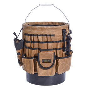 Readywares Waxed Canvas Tool Bucket Organizer, front view showing Readywares Supply Co. branded patch
