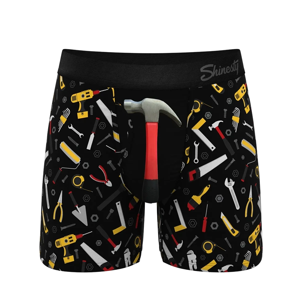 Men's Hammer & Tools Ball Hammock boxer briefs - front view with fly and printed tool pattern