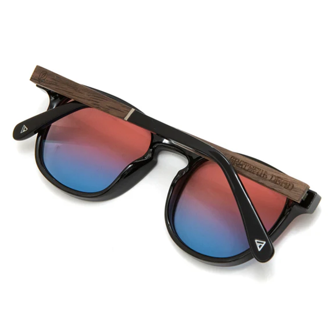 Close up of wood temple detail on CAMP Topo Grateful Dead polarized sunglasses black frame