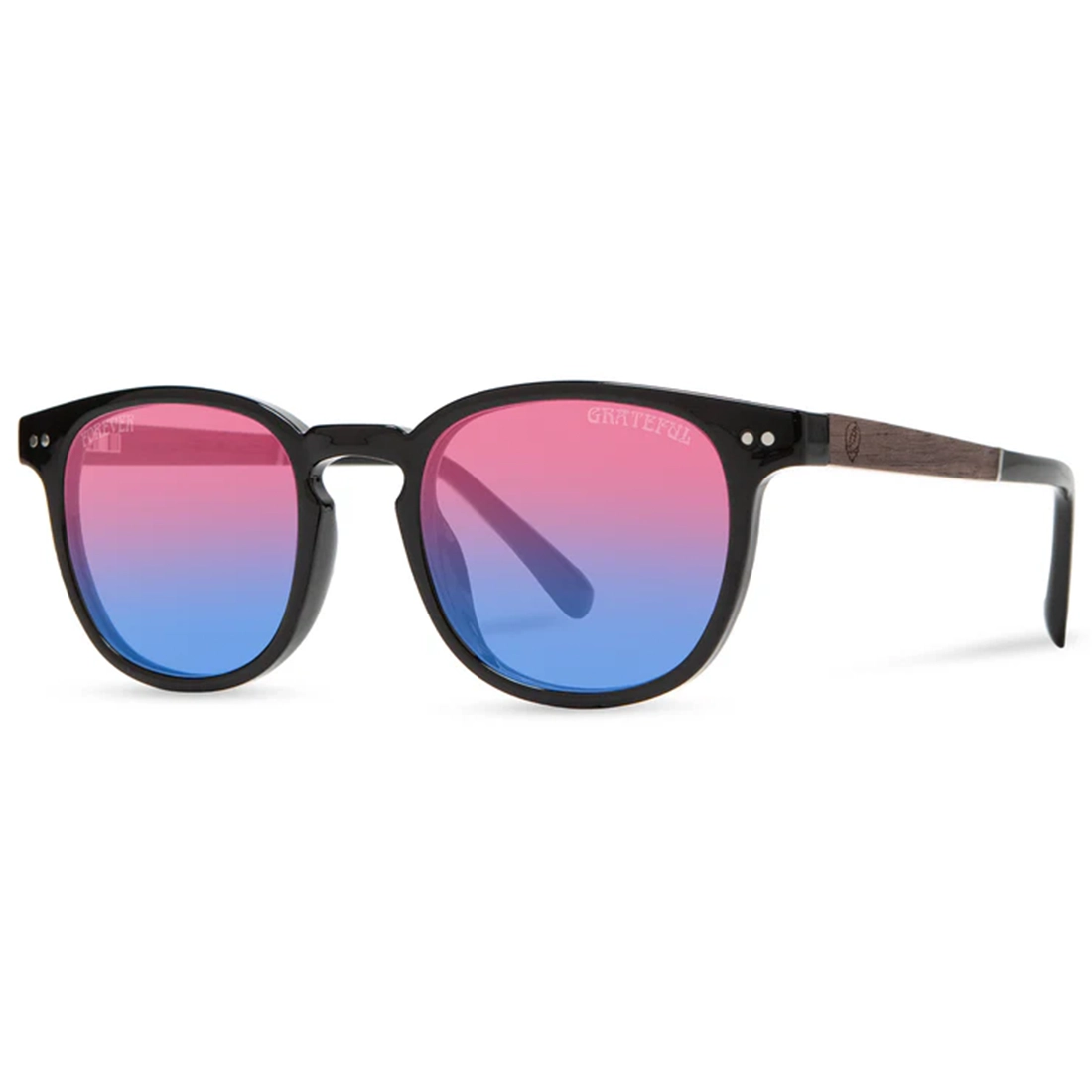 CAMP Topo Grateful Dead Stealie sunglasses black frame sunset polarized lenses side view with wood inlays