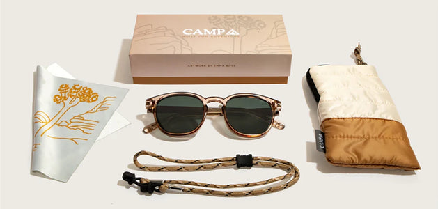 CAMP Topo Joshua Tree sunglasses with included travel case, paracord retainer, cleaning cloth, and branded packaging