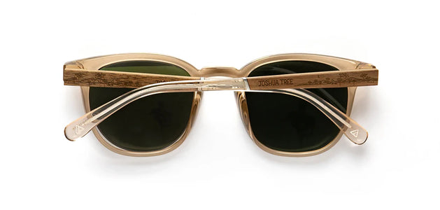 Rear view of CAMP Topo Joshua Tree sunglasses with engraved wood temples and transparent frame