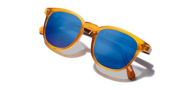 Camp Topo Sunglasses in Matte Orange / Walnut Frames with HD+ Blue Flash polarized lenses, front angled folded temple view