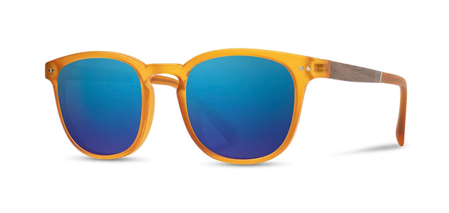 Camp Topo Sunglasses in Matte Orange / Walnut Frames with HD+ Blue Flash  polarized lenses, front angled view