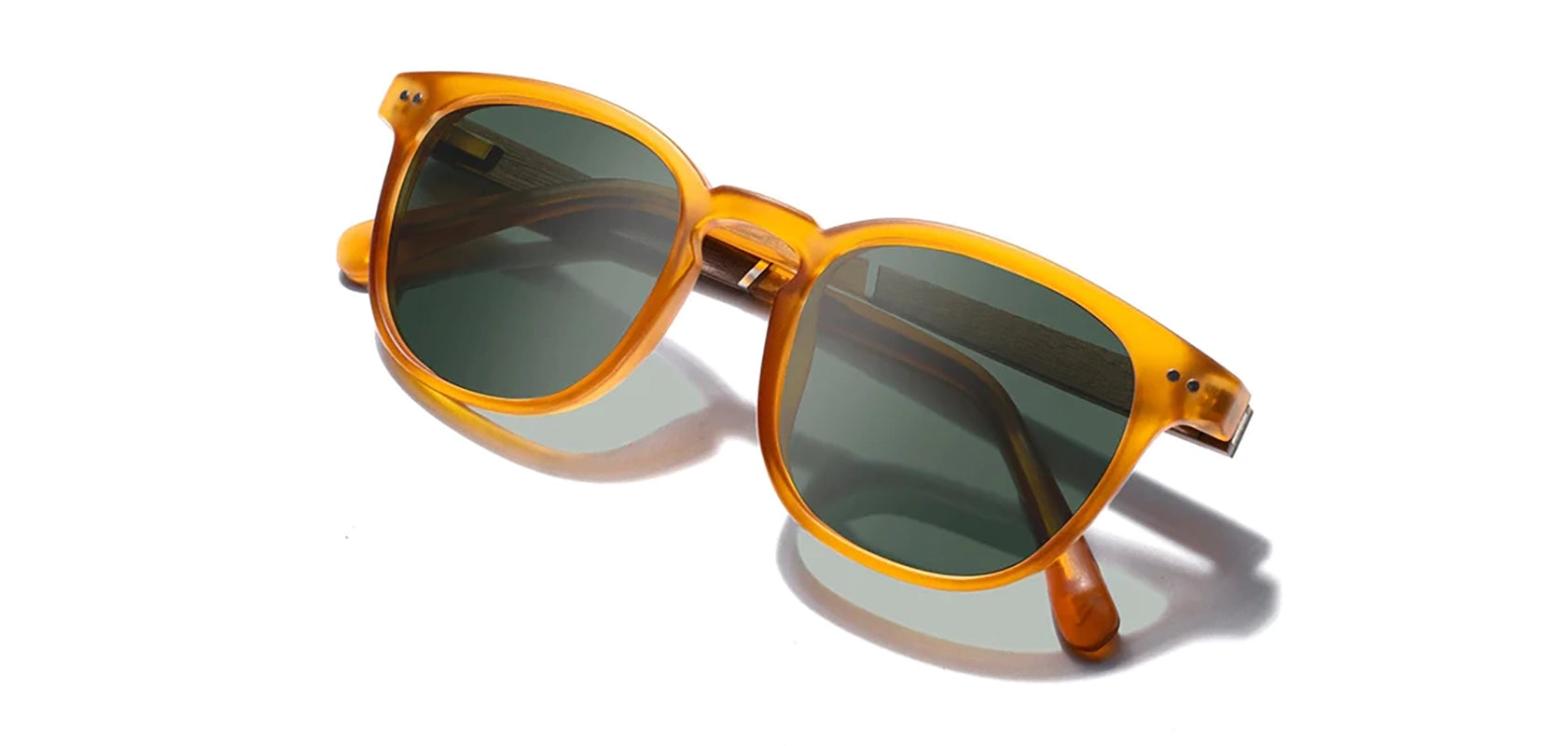 Camp Topo Sunglasses in Matte Orange / Walnut Frames with basic G15 polarized lenses, front angled folded temple view