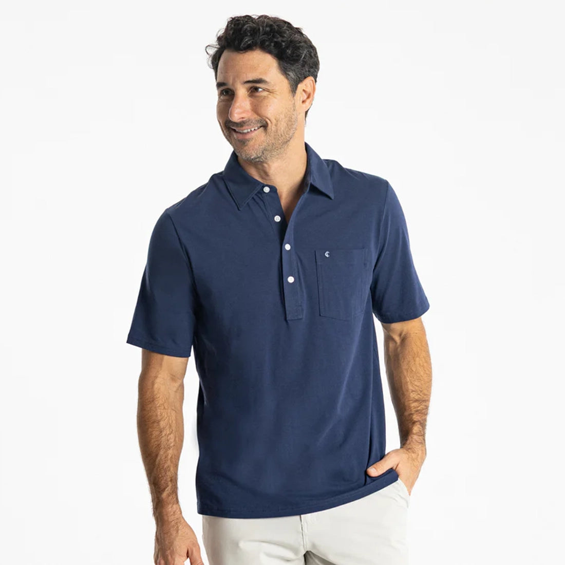 Criquet Top Shelf Players Shirt navy detail showing Pima cotton collar and placket