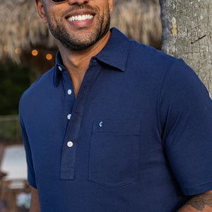 Criquet Top Shelf Players Shirt navy lifestyle shot on model