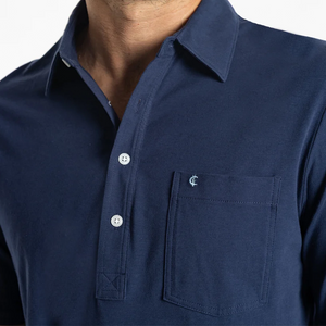 Criquet Top Shelf Players Shirt navy flat lay showing Peruvian Pima cotton fabric