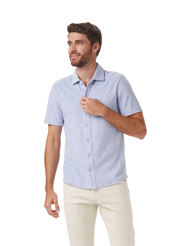 Model Wearing The Normal Brand Terry Towel Shirt in Sky Blue, Front  View